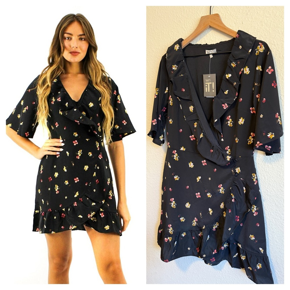 That’s It! Floral Black Dress with Ruffle Detail-Size L